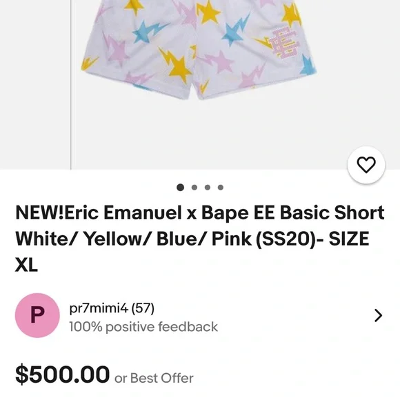 NWOT!!! ERIC EMANUEL X BAPE EE basic shorts, White Star Pattern Athletic Shorts - Picture 10 of 10